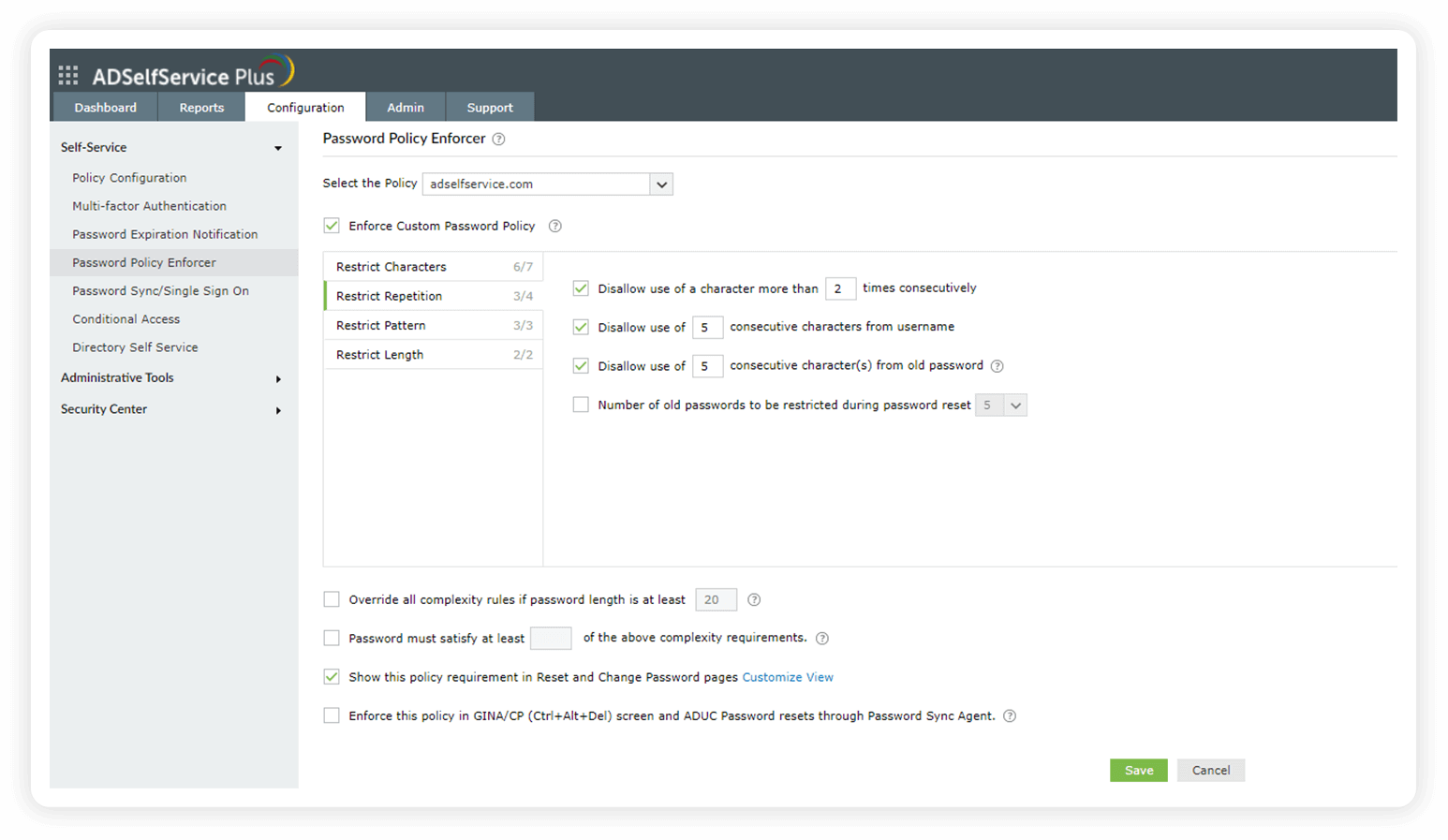 The Password Policy Enforcer's Restrict Repetition tab preventing consecutive characters and password reuse per NIST rules.