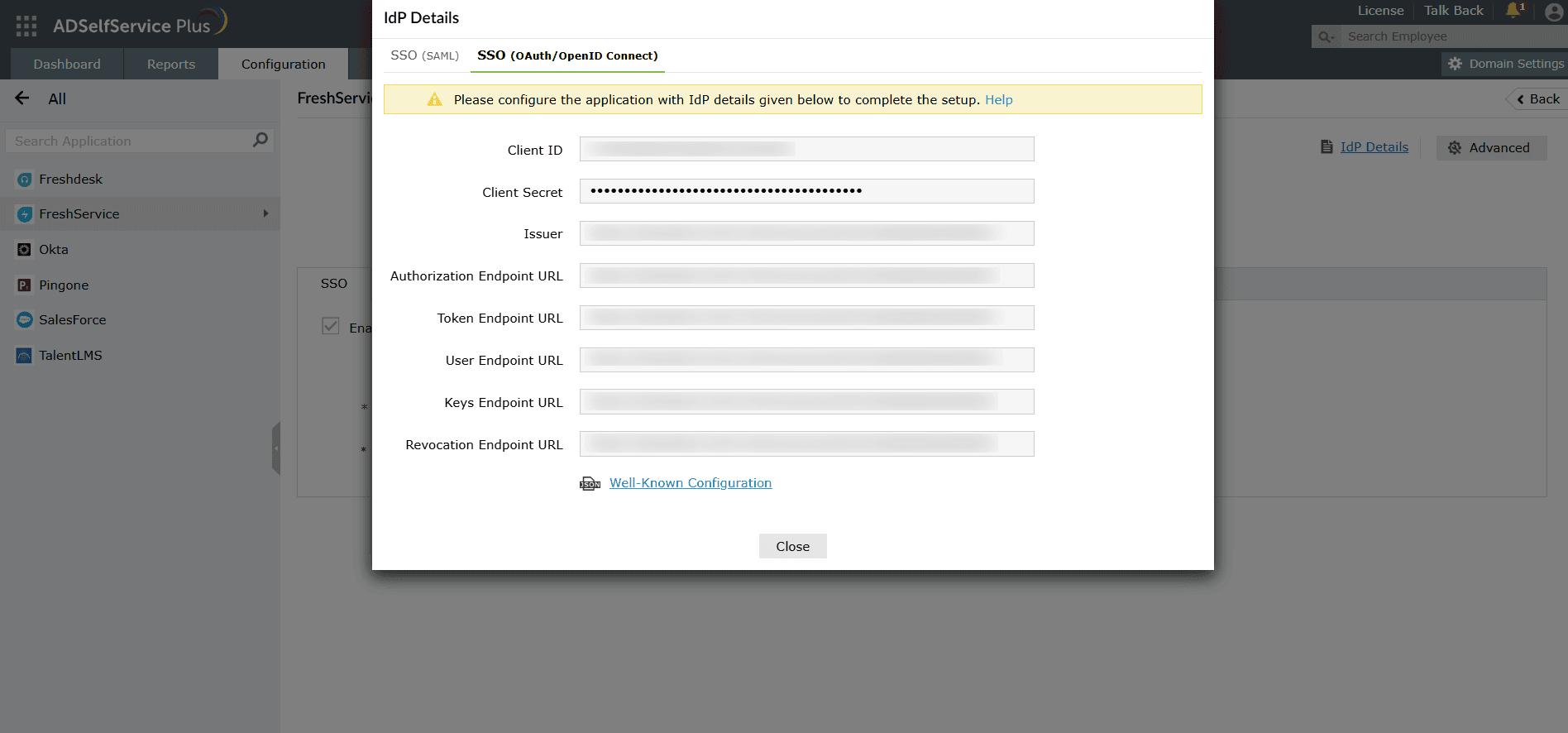 An image showing OIDC SSO configuration in ADSelfService Plus