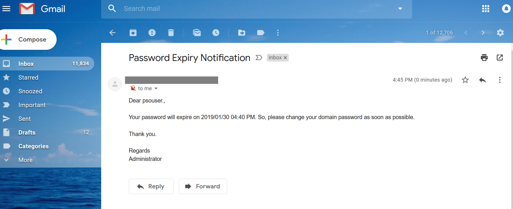 Screenshot of the password expiration notification sent to an end user via email.