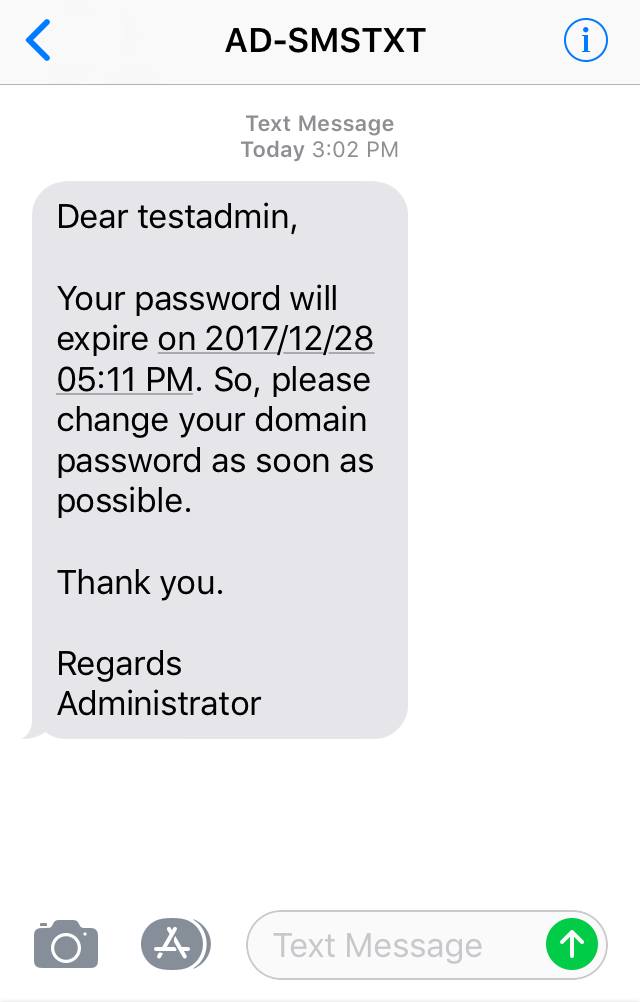 Screenshot of the password expiration notification sent via SMS.