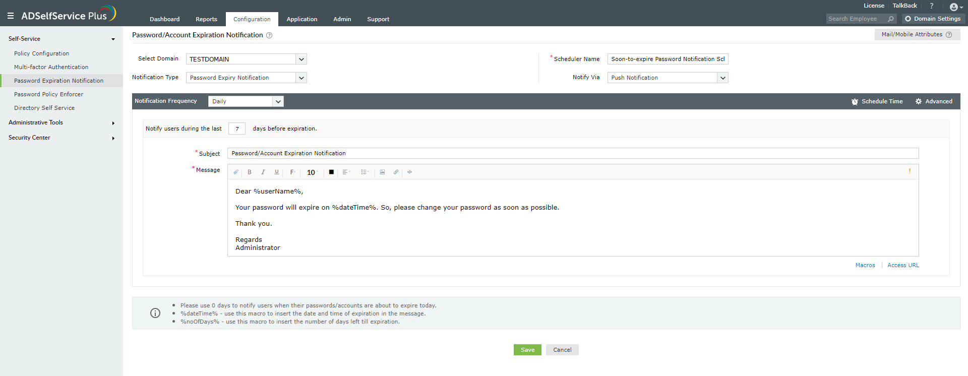 Screenshot of the Active Directory password expiration notification configuration console in ADSelfService Plus.