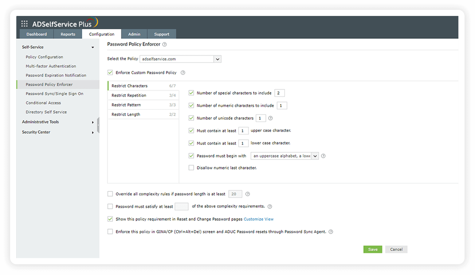 A screenshot of the Password Policy Enforcer feature in ADSelfService Plus