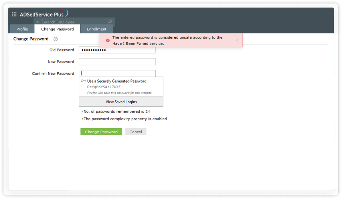 An image showing that ADSelfService Plus can prevent users from setting breached passwords through its integration with Have I Been Pwned