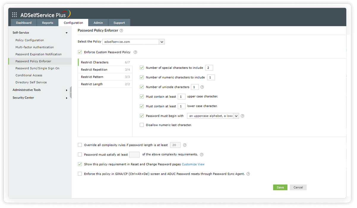 An image showing the restrict character settings within the Password Policy Enforcer feature in ADSelfService Plus