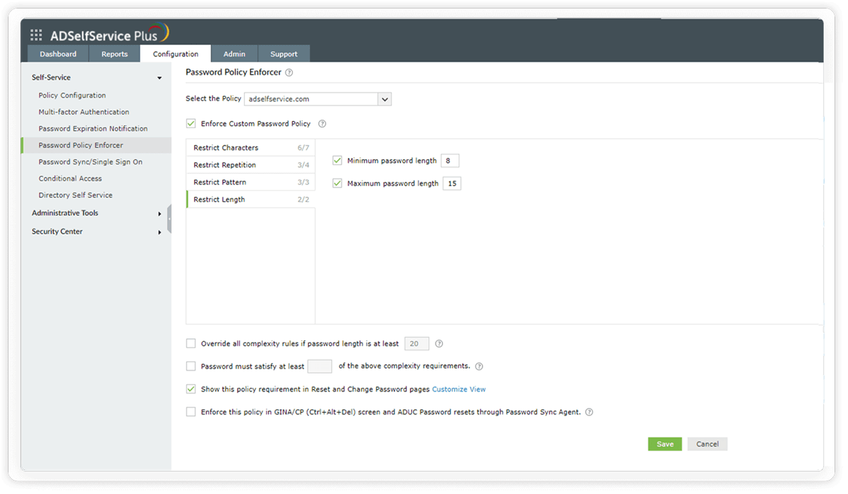 An image showing the restrict length settings within the Password Policy Enforcer feature in ADSelfService Plus