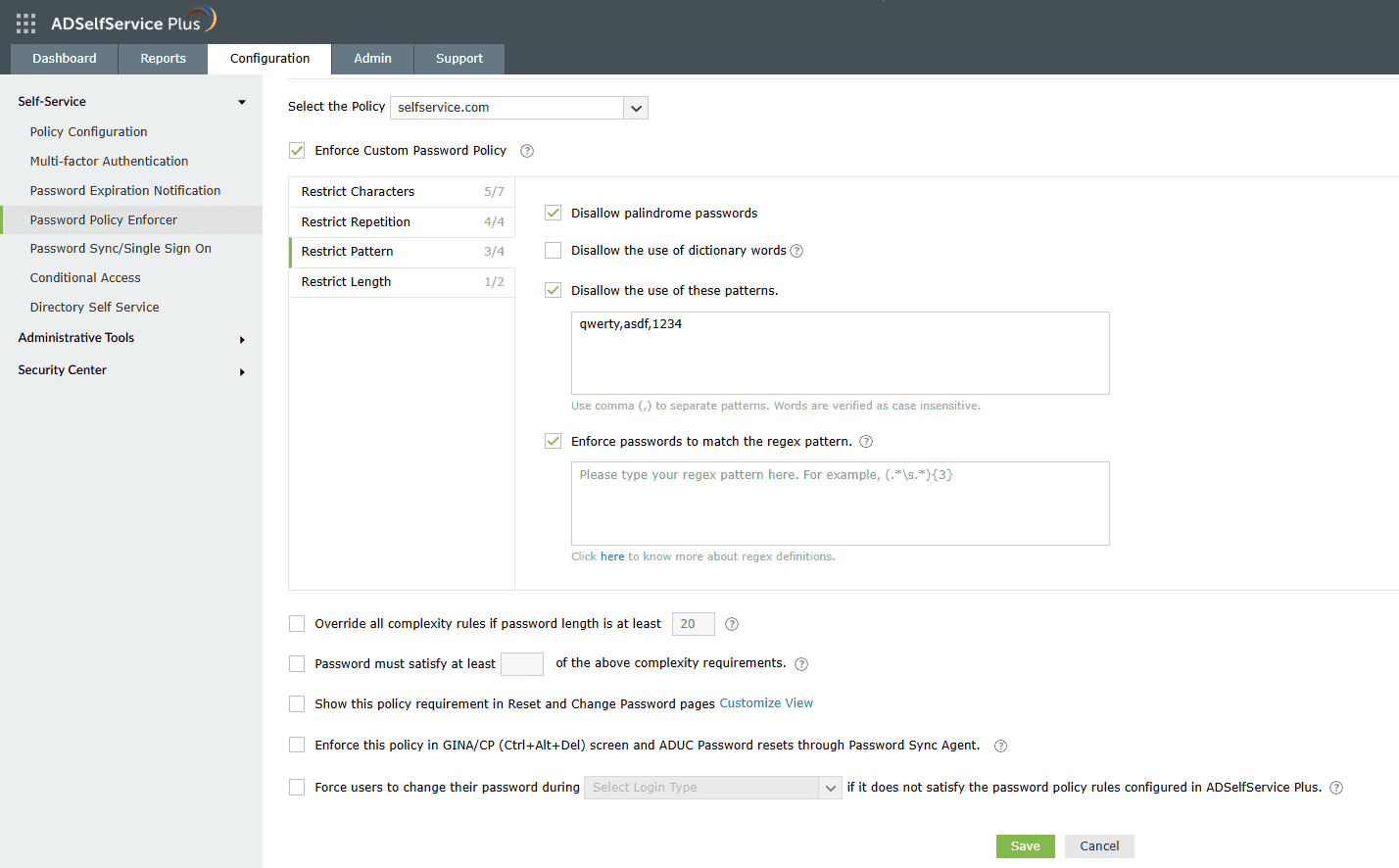 An image showing the restrict pattern settings within the Password Policy Enforcer feature in ADSelfService Plus