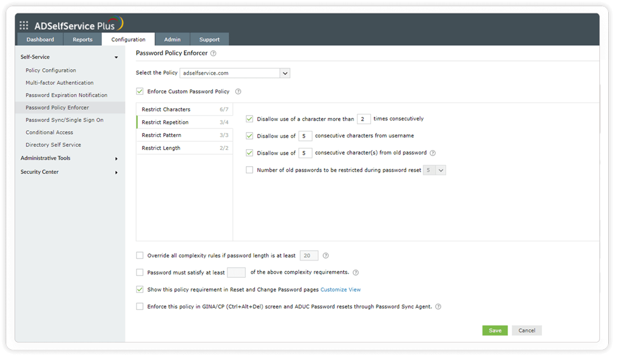 An image showing the restrict repetition settings within the Password Policy Enforcer feature in ADSelfService Plus