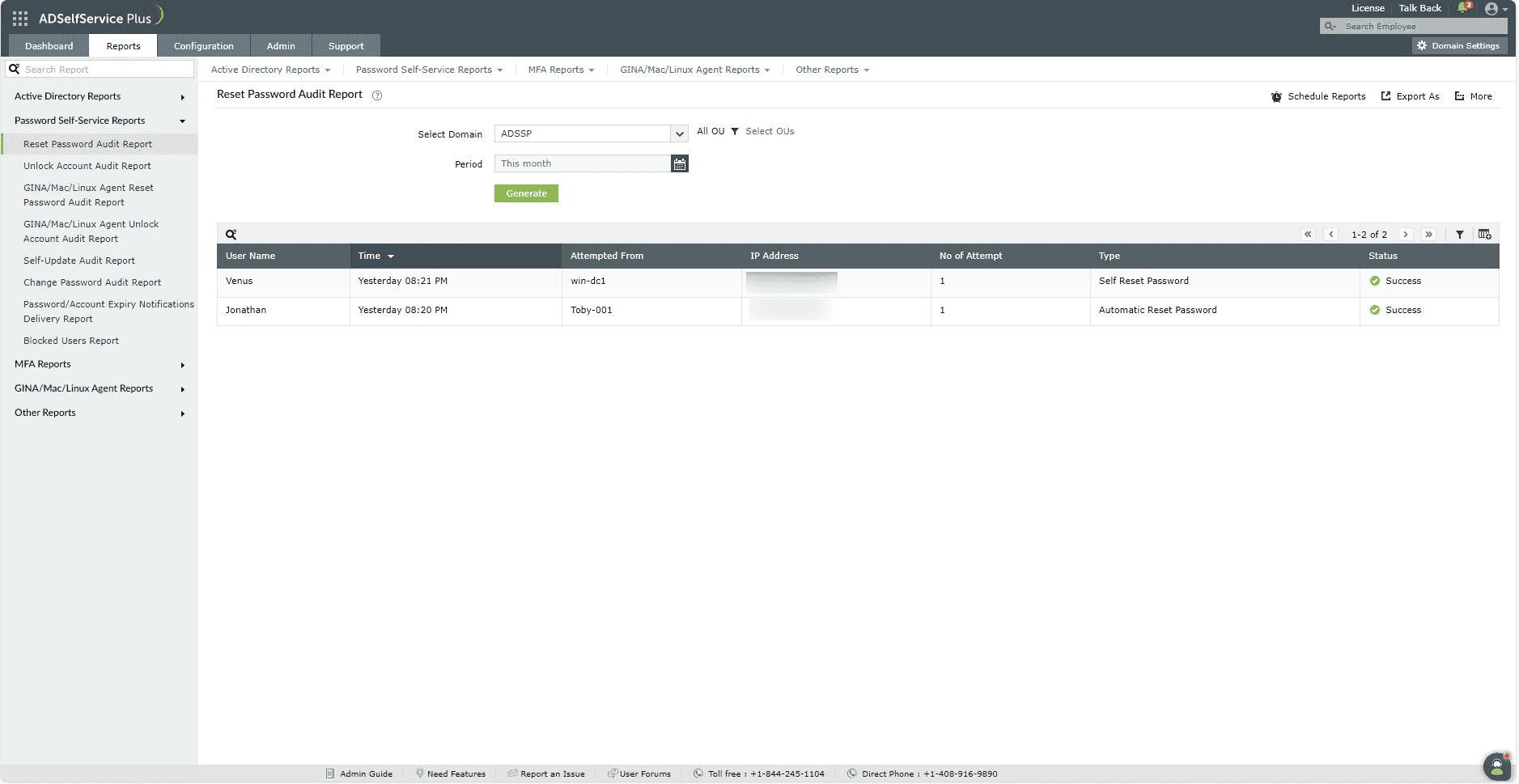 An image showing the Reset Password Audit Report in ADSelfService Plus