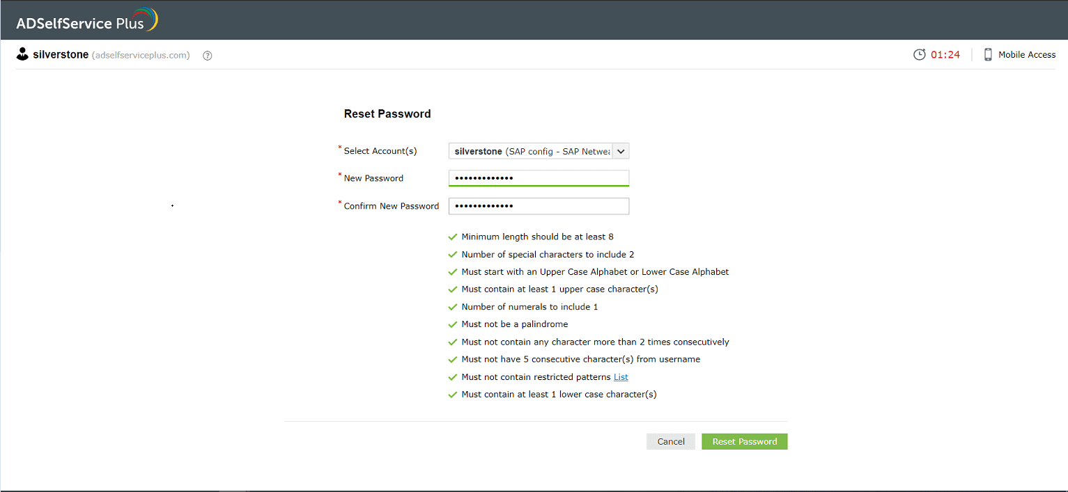 Screenshot of password policy enforcement during SAP password reset