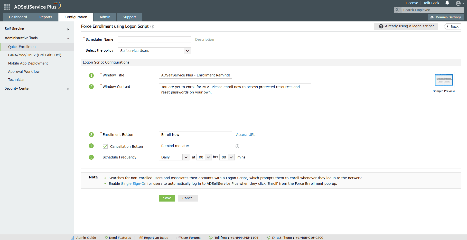 Configuration screen in ADSelfService Plus solution for enforcing MFA enrollment during Windows and domain logins.