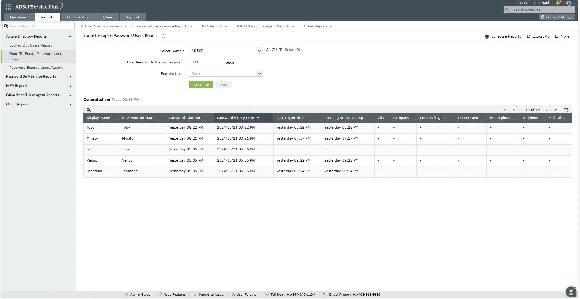 An image showing the Soon-To-Expire Password Users Report in ADSelfService Plus