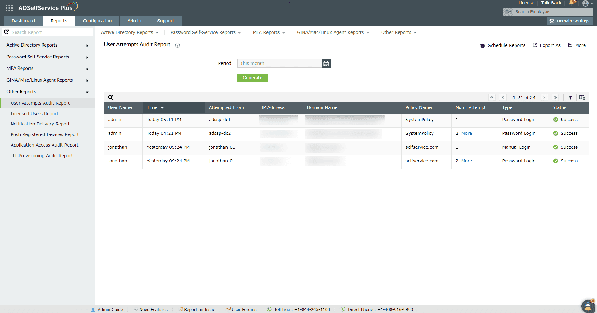 An image showing the User Attempts Audit Report in ADSelfService Plus