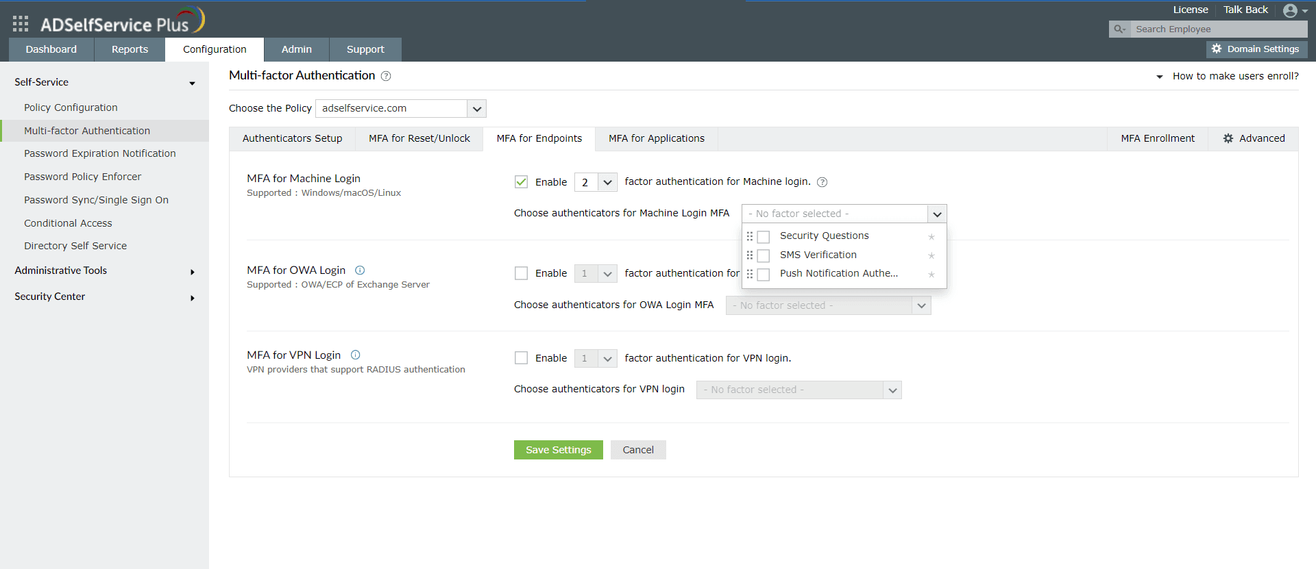Screenshot of Windows MFA configuration in ADSelfService Plus.