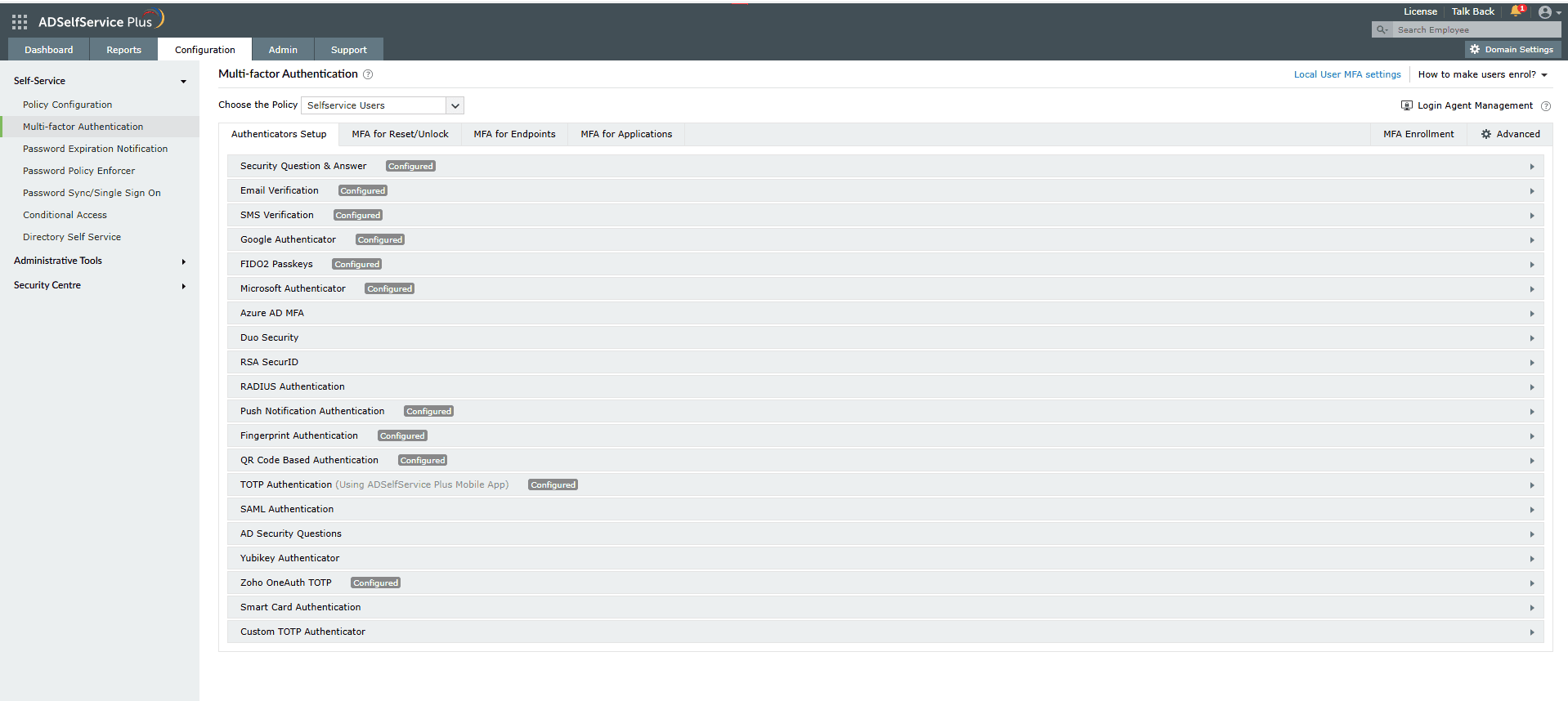The MFA Authenticators Setup interface displaying a plethora of authentication methods to keep brute-force attacks at bay.