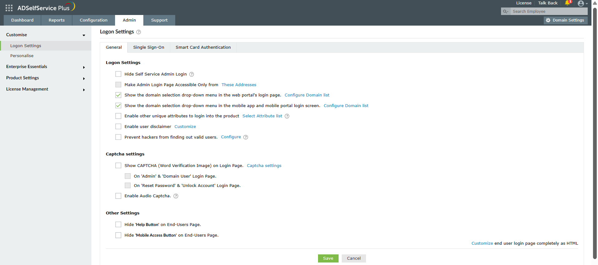 CAPTCHA configuration settings on ADSelfService Plus' Login Settings page to stop brute-force attacks in their tracks.