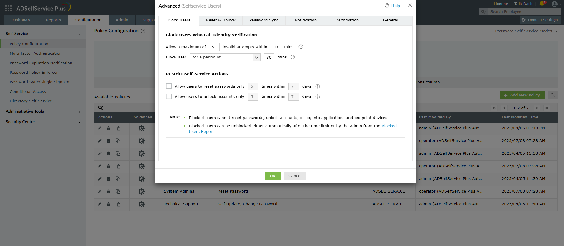 The user blocking configuration interface showing how to prevent brute-force attacks on identity verification.