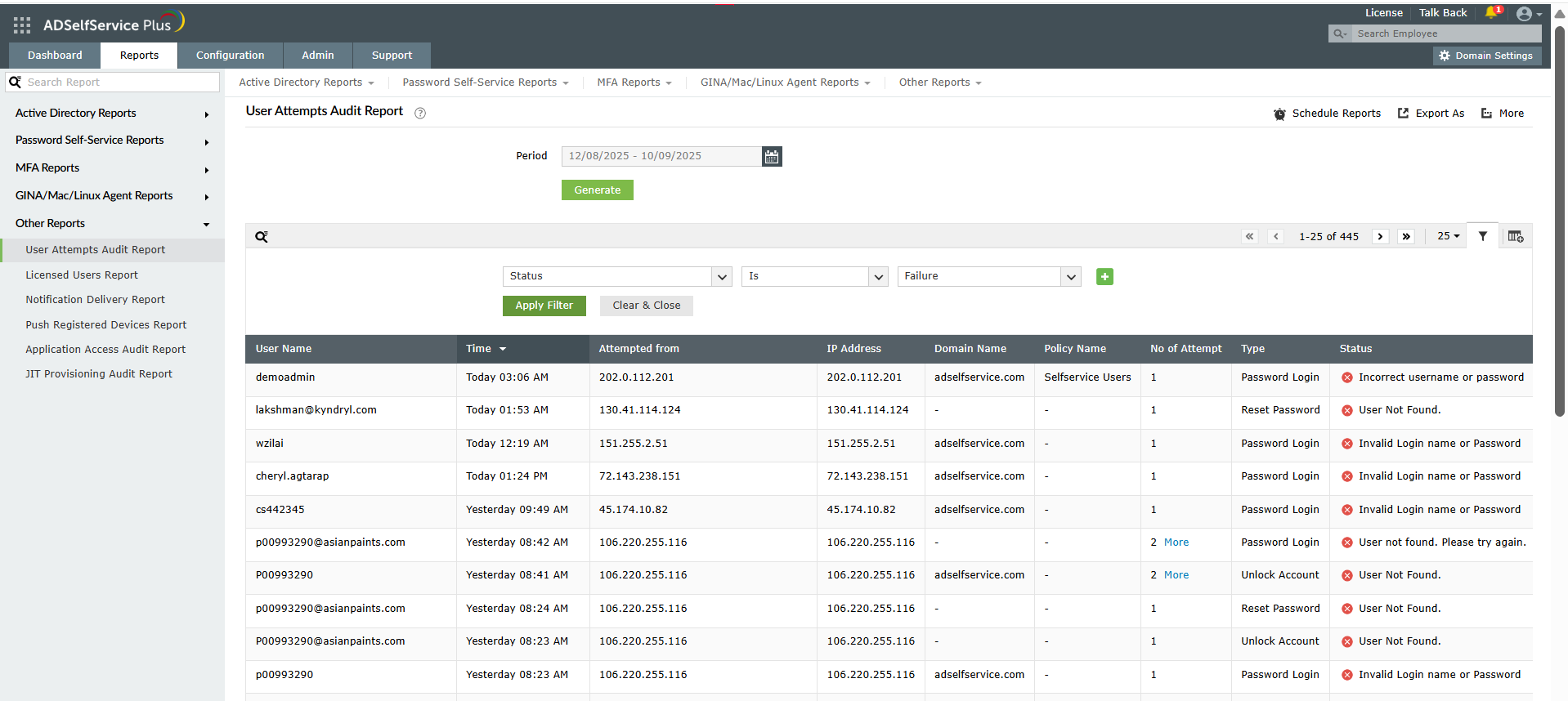 The User Attempts Audit Report helps prevent a brute-force attack through monitoring and analysis of failed login attempts.