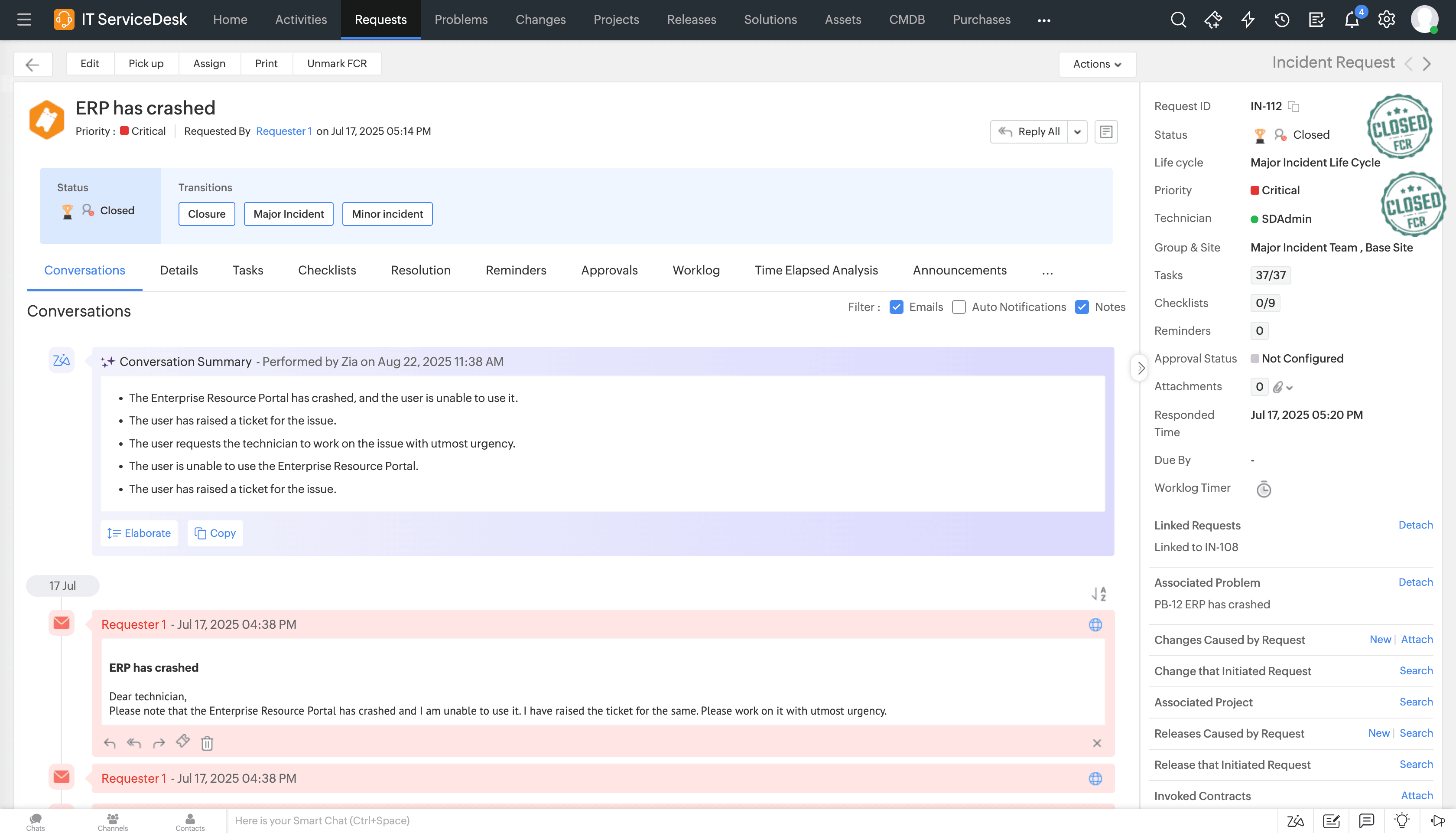 ITSM conversation summary emails