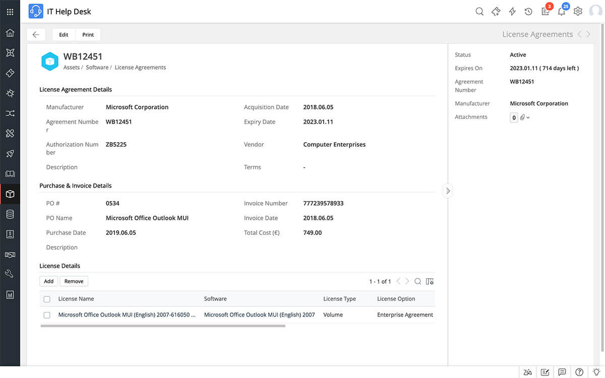 Software license agreement tracking database