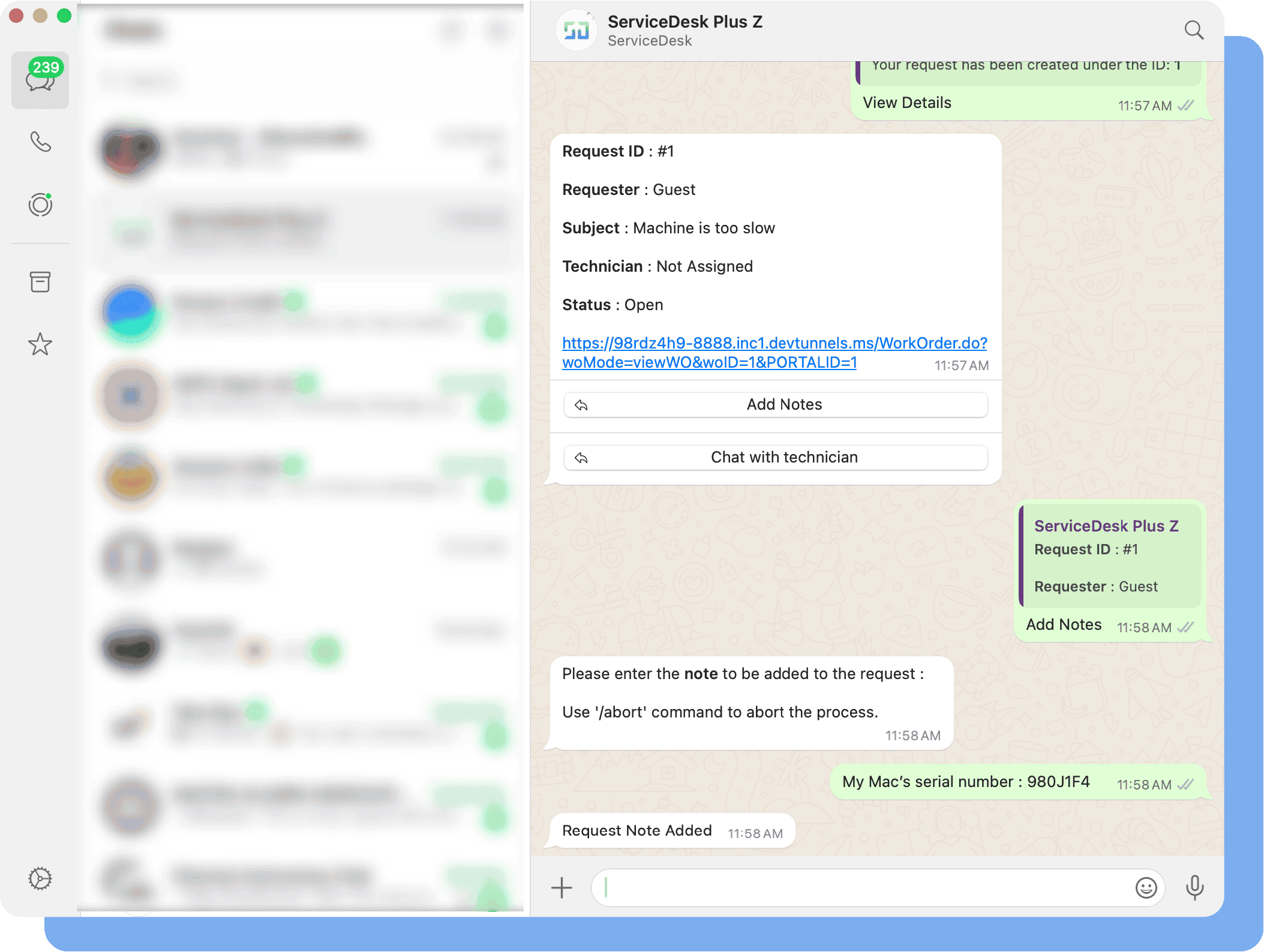 WhatsApp ticket tracking