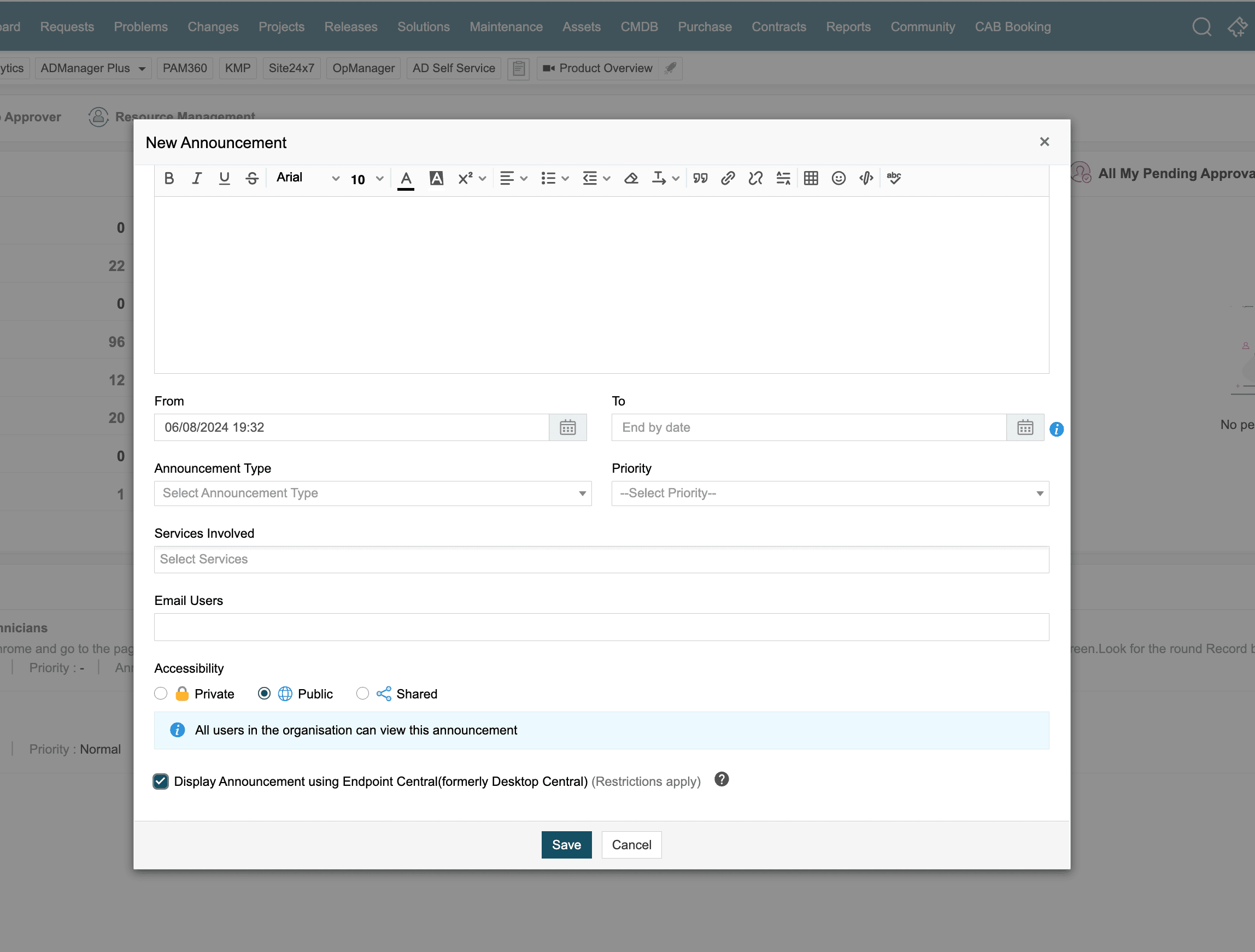 User announcements in unified asset discovery